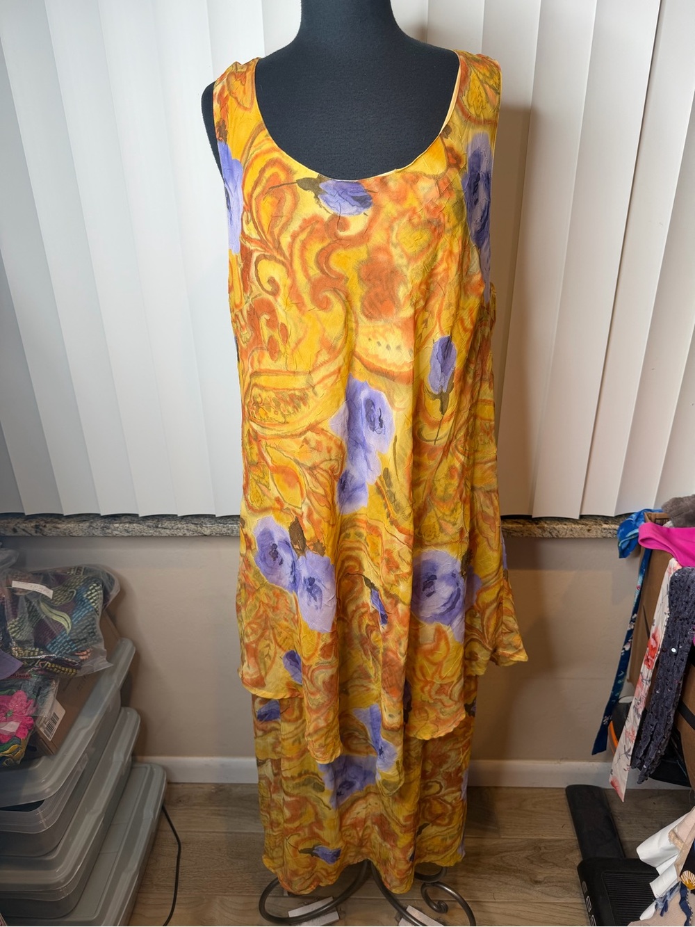 Vintage Yellow Purple Flowers Full Length Slip-On Dress By Mile Gabrielle SZ 20